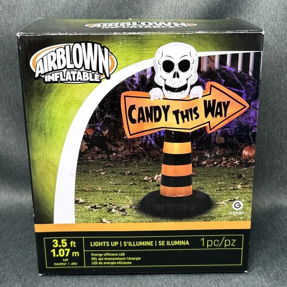 Gemmy Halloween Lighted Skeleton Candy This Way Double Sided Inflatable 3.5 Feet
